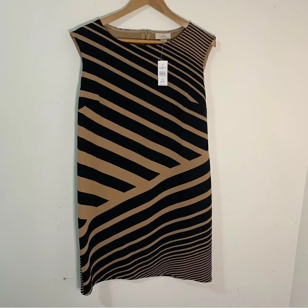 Ann Taylor LOFT Womens Sleeveless Dress Size 12 Black and Brown Striped - Picture 1 of 4